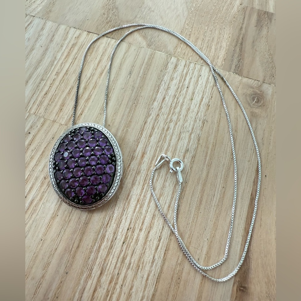 925 Sterling silver oval purple stone pendant necklace - Picture 2 of 11